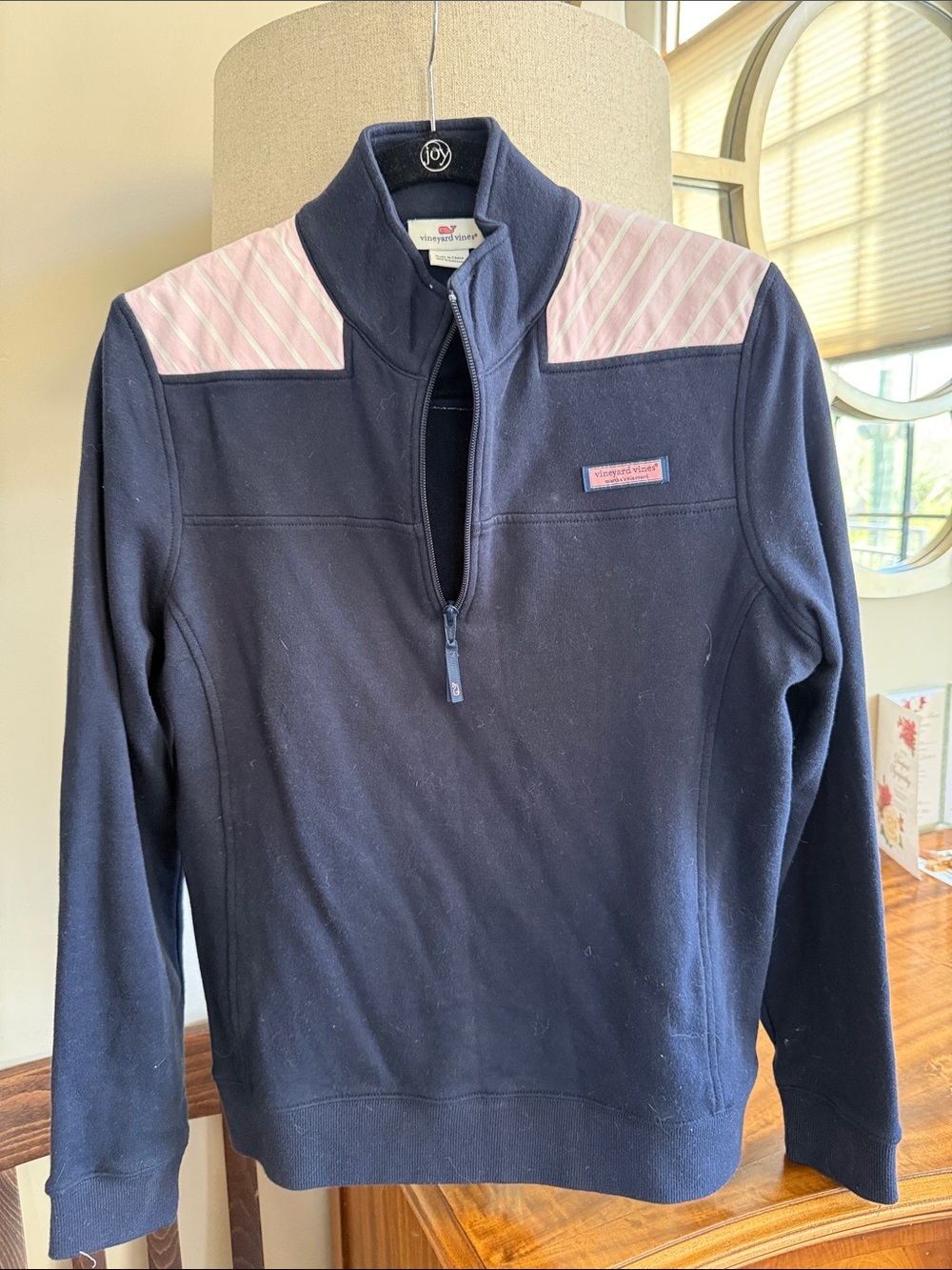 Vineyard Vines Navy Quarter-Zip Pullover with Pink Striped Shoulder Panels